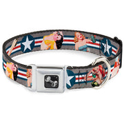 Dog Bone Seatbelt Buckle Collar - Pin Up Girl Poses CLOSE-UP Star & Stripes Gray/Blue/White/Red