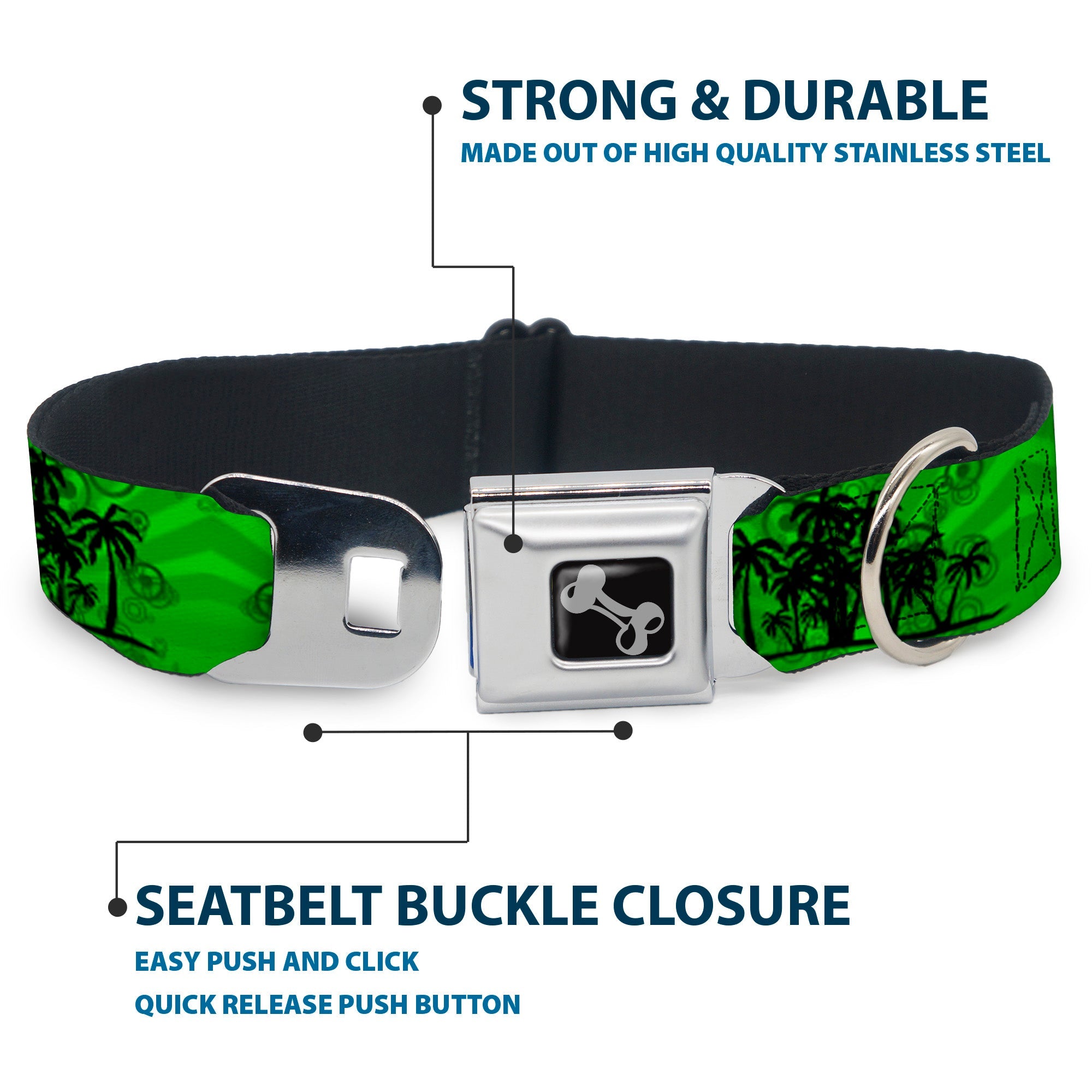 Dog Bone Seatbelt Buckle Collar - Palm Trees Greens/Black