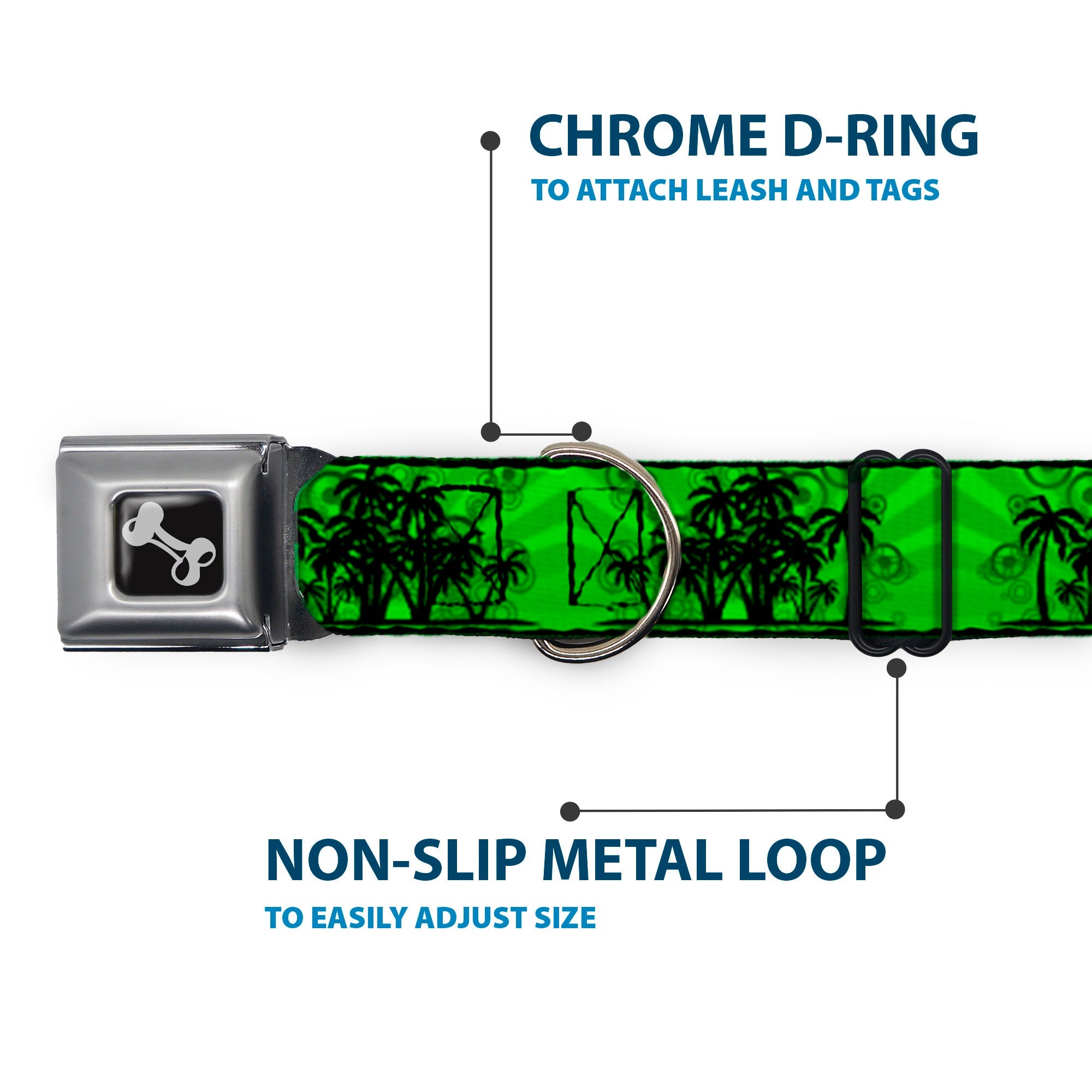 Dog Bone Seatbelt Buckle Collar - Palm Trees Greens/Black