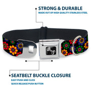 Dog Bone Seatbelt Buckle Collar - Psychedelic Daisies Black/Multi Color