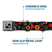 Dog Bone Seatbelt Buckle Collar - Psychedelic Daisies Black/Multi Color