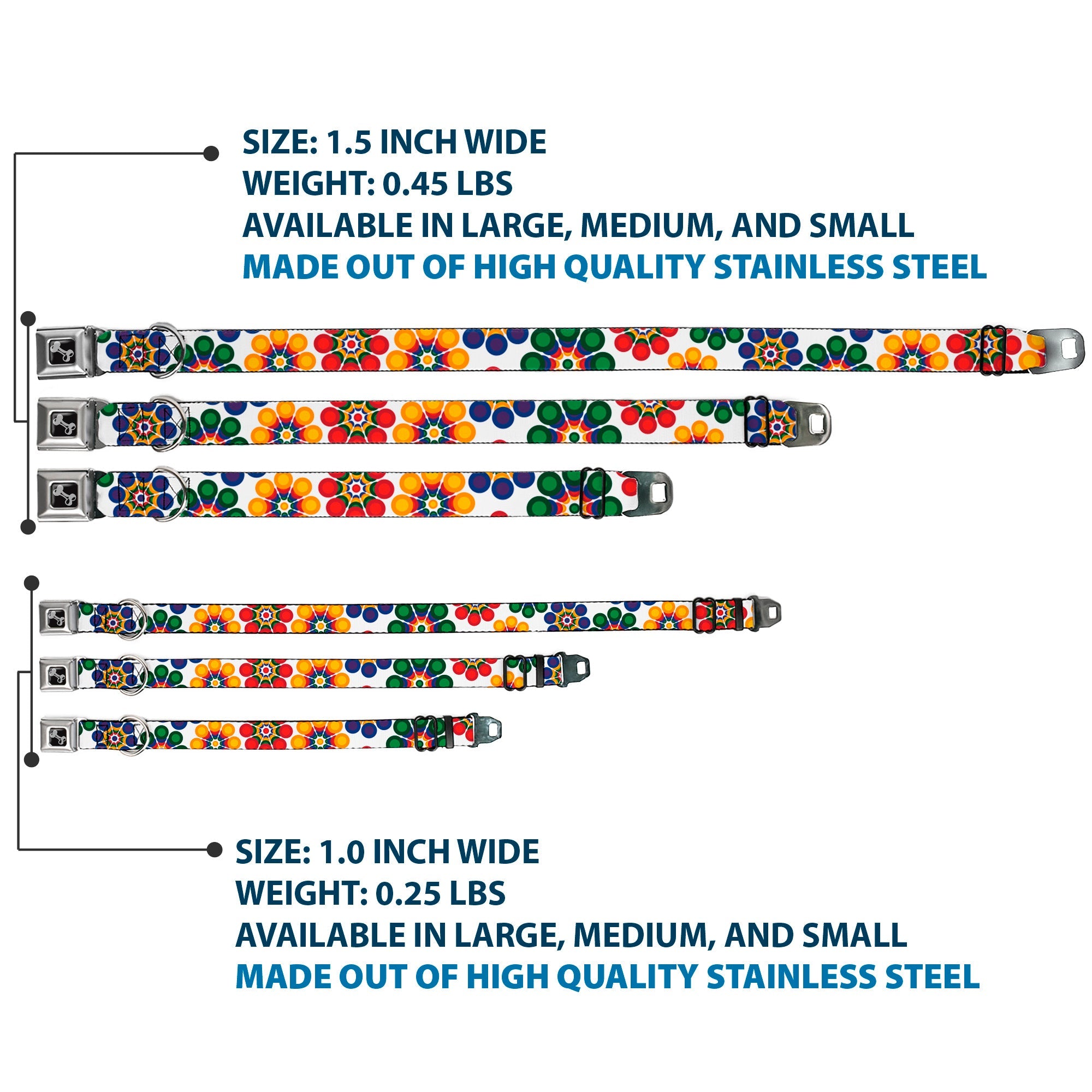 Dog Bone Seatbelt Buckle Collar - Psychedelic Daisies CLOSE-UP White/Multi Color