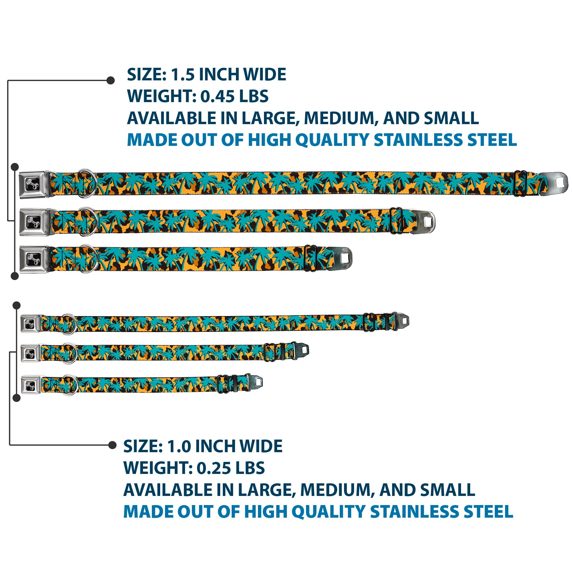 Dog Bone Seatbelt Buckle Collar - Palm Tree Silhouette Leopard Brown/Turquoise