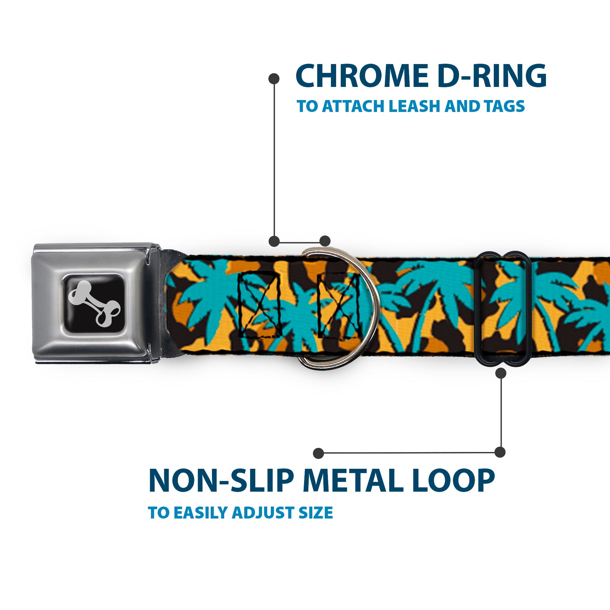 Dog Bone Seatbelt Buckle Collar - Palm Tree Silhouette Leopard Brown/Turquoise