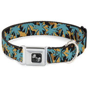 Dog Bone Seatbelt Buckle Collar - Palm Tree Silhouette Leopard Brown/Turquoise
