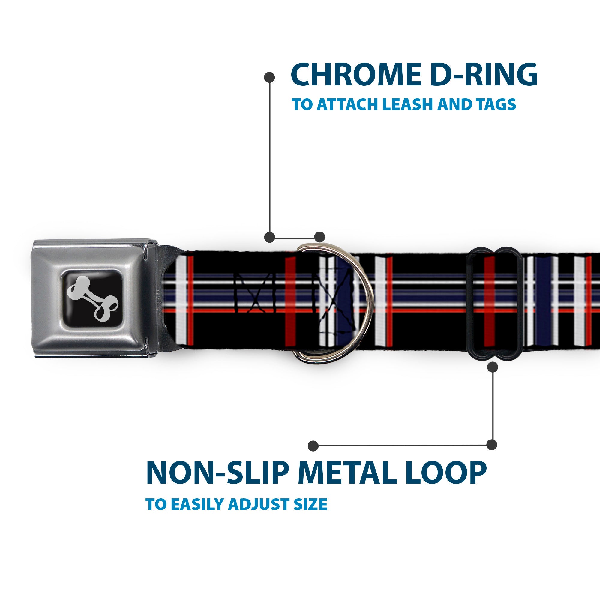 Dog Bone Seatbelt Buckle Collar - Plaid Black/Red/White/Blue