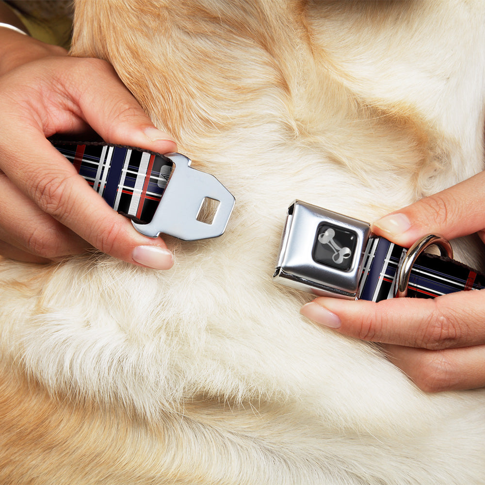 Dog Bone Seatbelt Buckle Collar - Plaid Black/Red/White/Blue