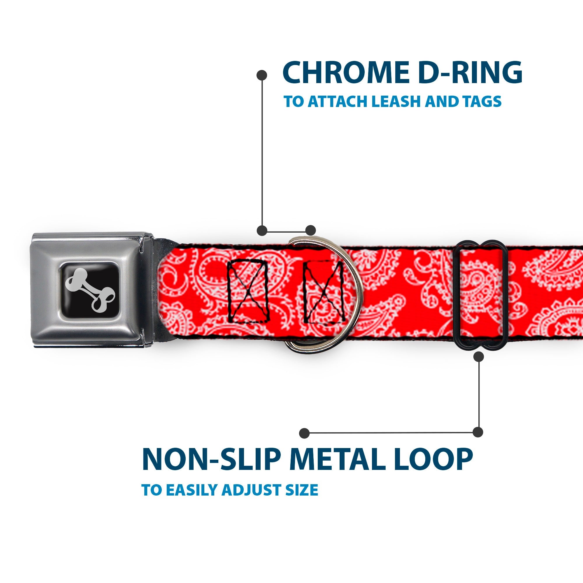 Dog Bone Seatbelt Buckle Collar - Paisley Red/White