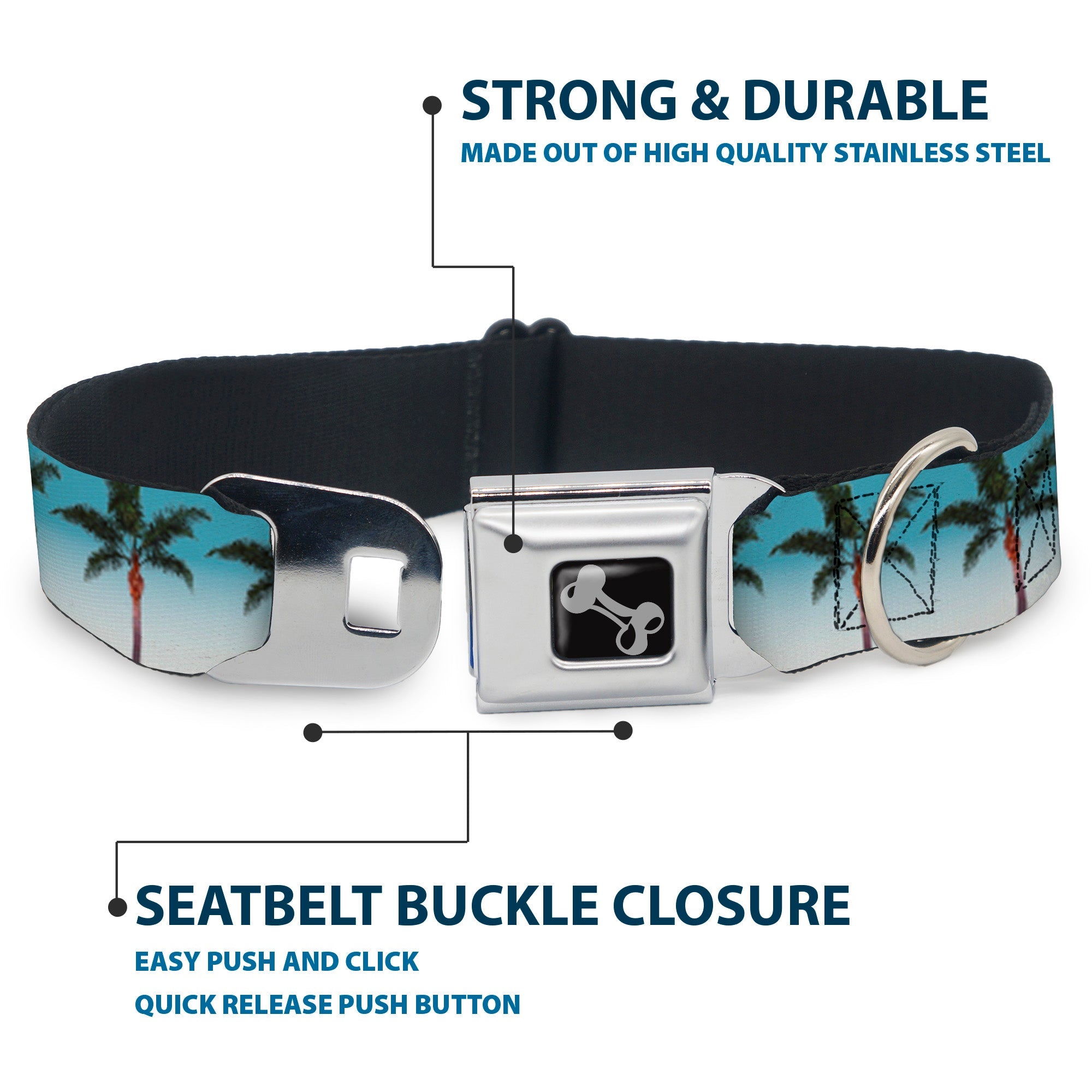 Dog Bone Seatbelt Buckle Collar - Palm Tree Skyline
