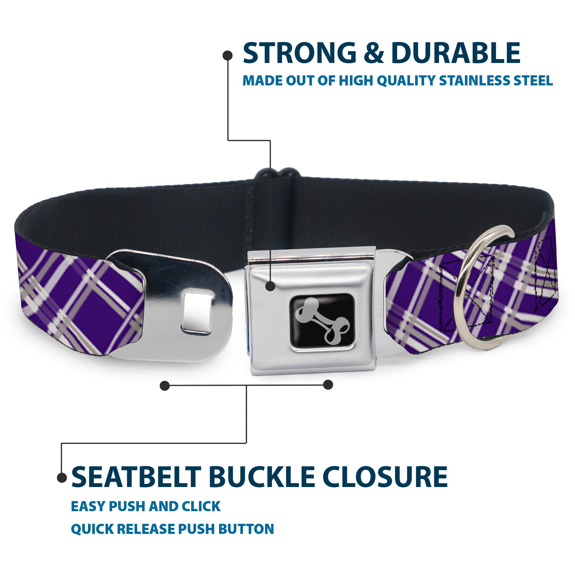 Dog Bone Seatbelt Buckle Collar - Plaid X3 Purple/Gray/White