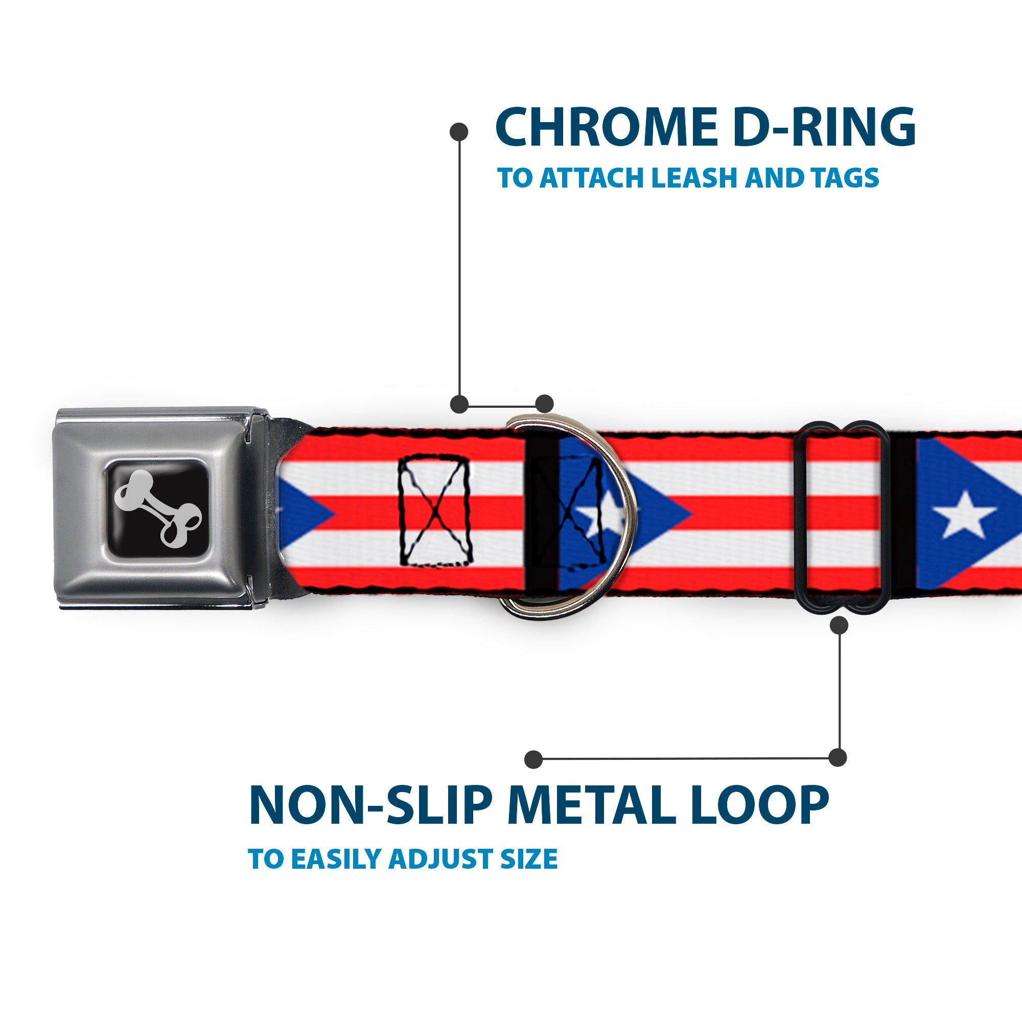 Dog Bone Seatbelt Buckle Collar - Puerto Rico Flag Repeat/Black