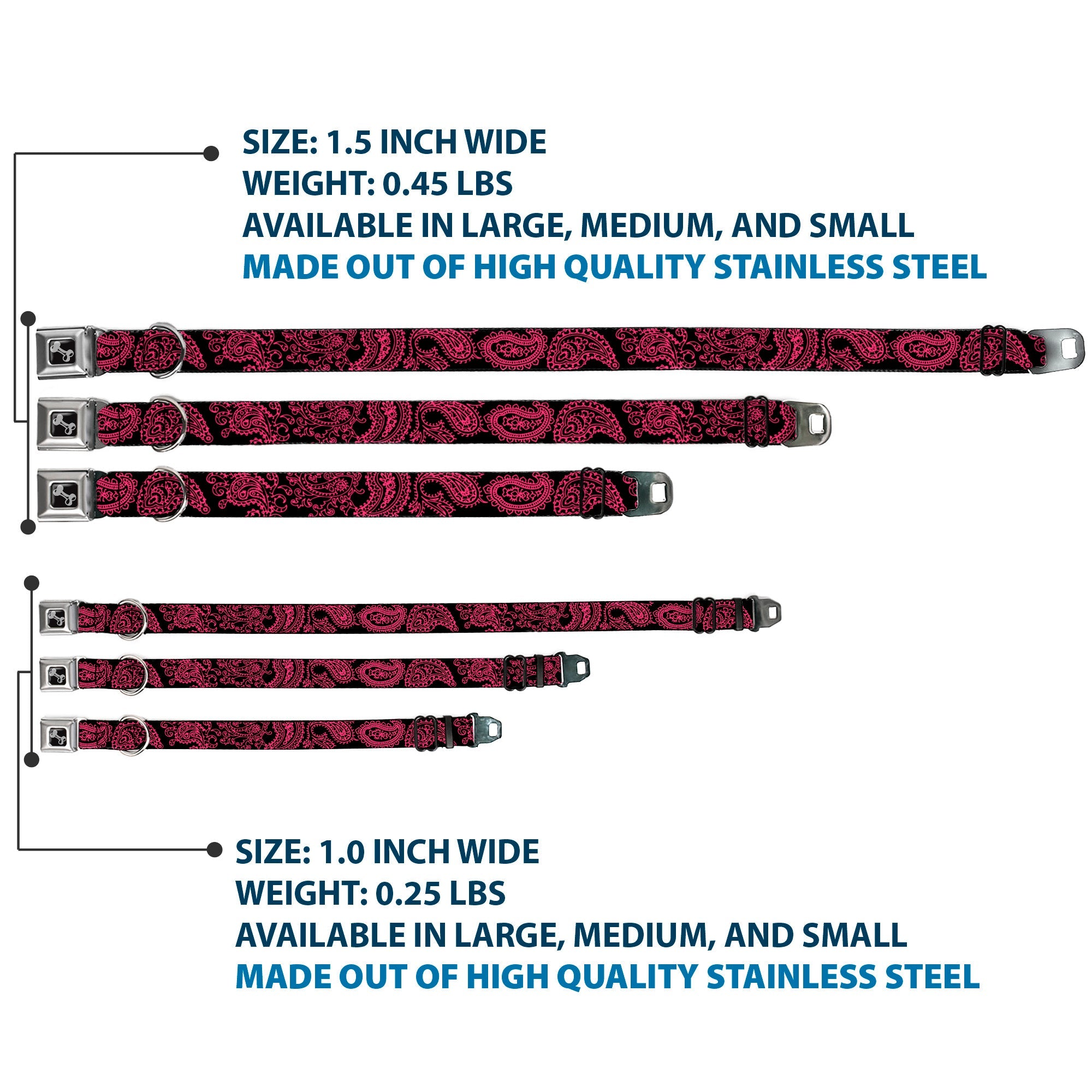 Dog Bone Black/Silver Seatbelt Buckle Collar - Paisley Black/Neon Pink