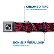 Dog Bone Black/Silver Seatbelt Buckle Collar - Paisley Black/Neon Pink