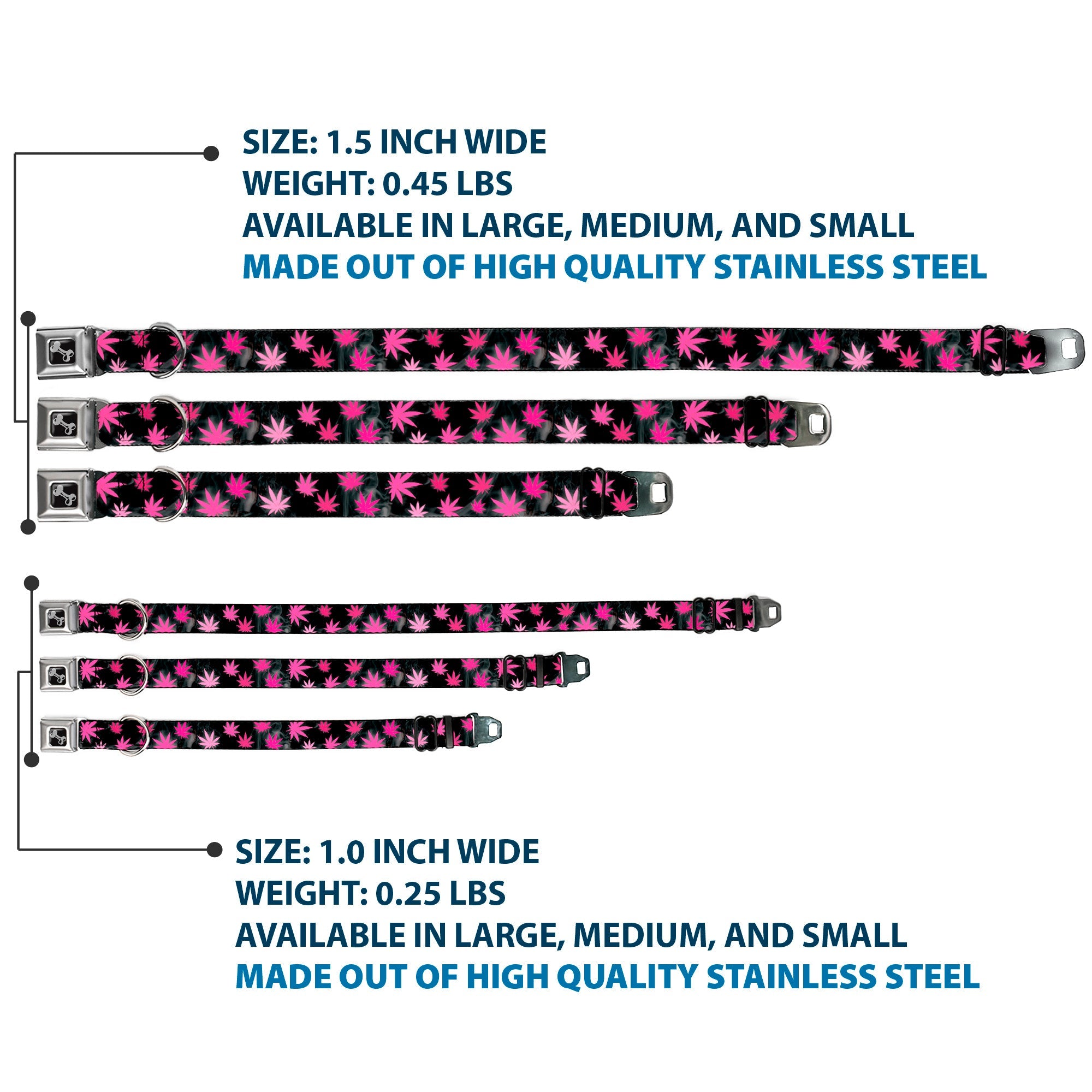 Buckle-Down Seatbelt Buckle Dog Collar - Pot Leaves/Smoke Black/Pink/White