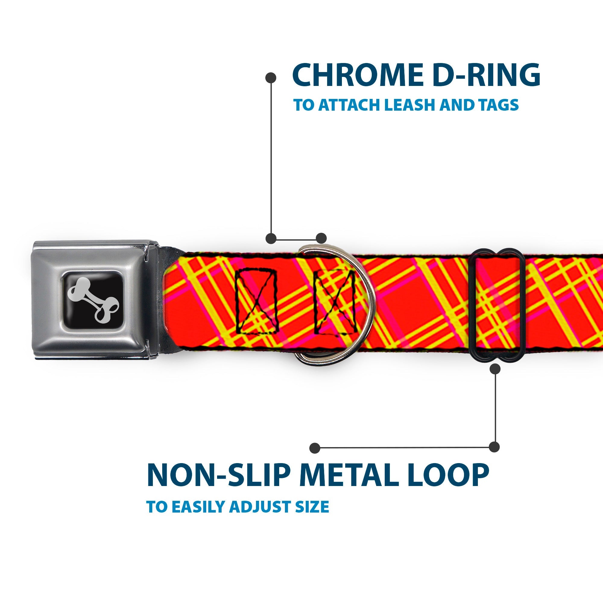 Dog Bone Black/Silver Seatbelt Buckle Collar - Plaid X4 Fluorescent Oranges/Pinks/Yellow