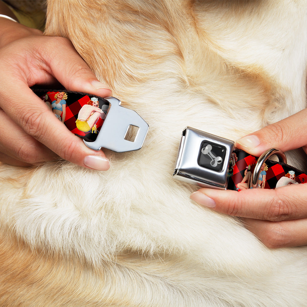 Dog Bone Seatbelt Buckle Collar - Pin Up Girl Poses Buffalo Plaid Blocks Black/Red