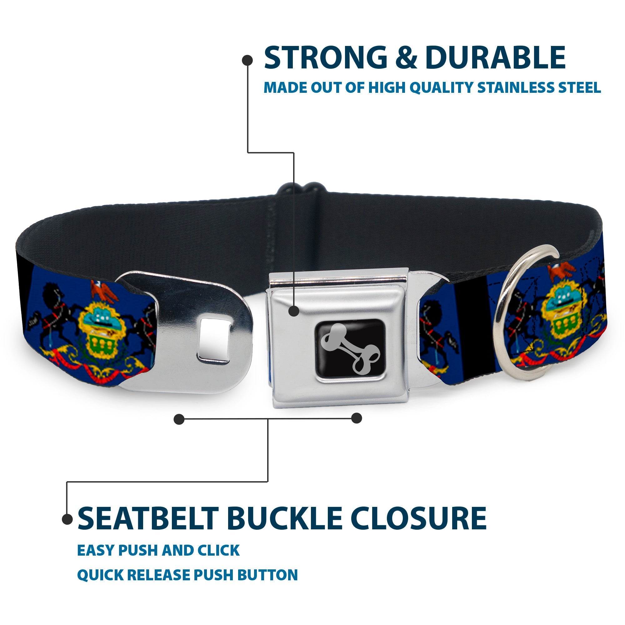 Dog Bone Seatbelt Buckle Collar - Pennsylvania Flags/Black