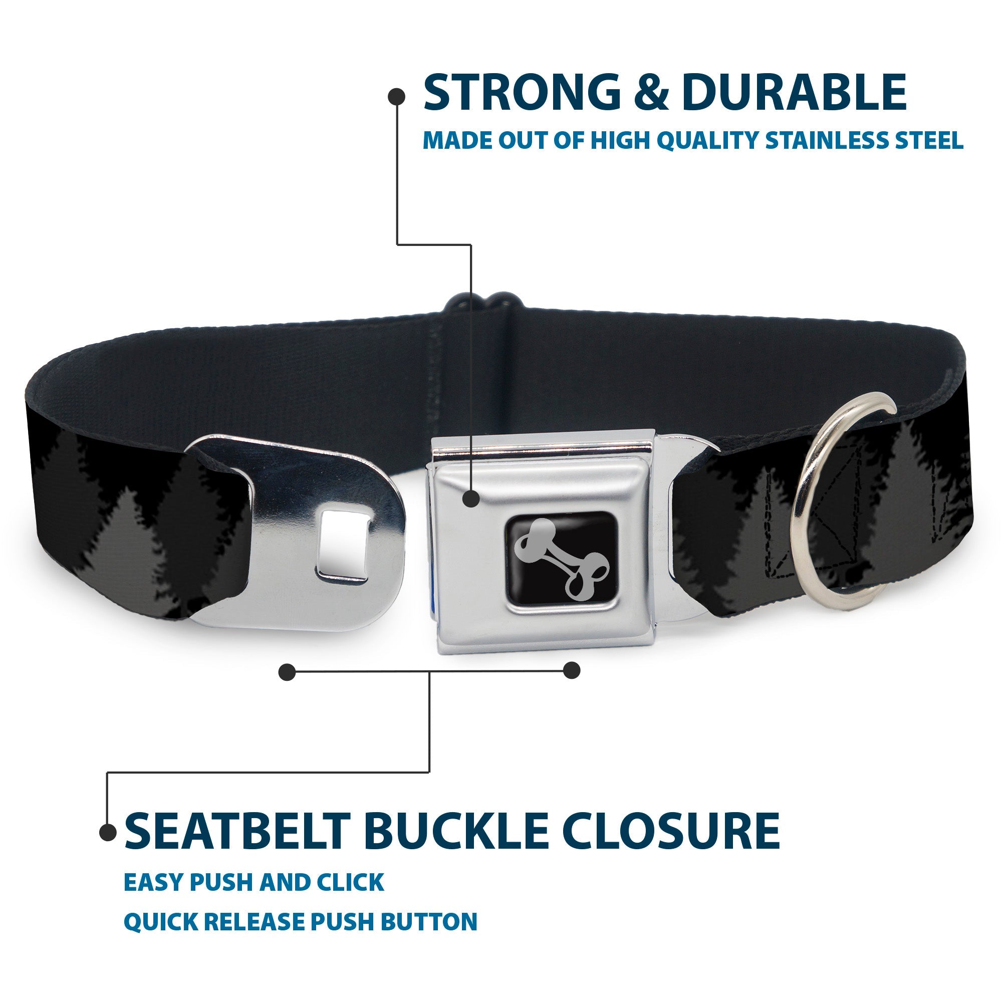 Dog Bone Seatbelt Buckle Collar - Pine Tree Silhouettes Black/Grays
