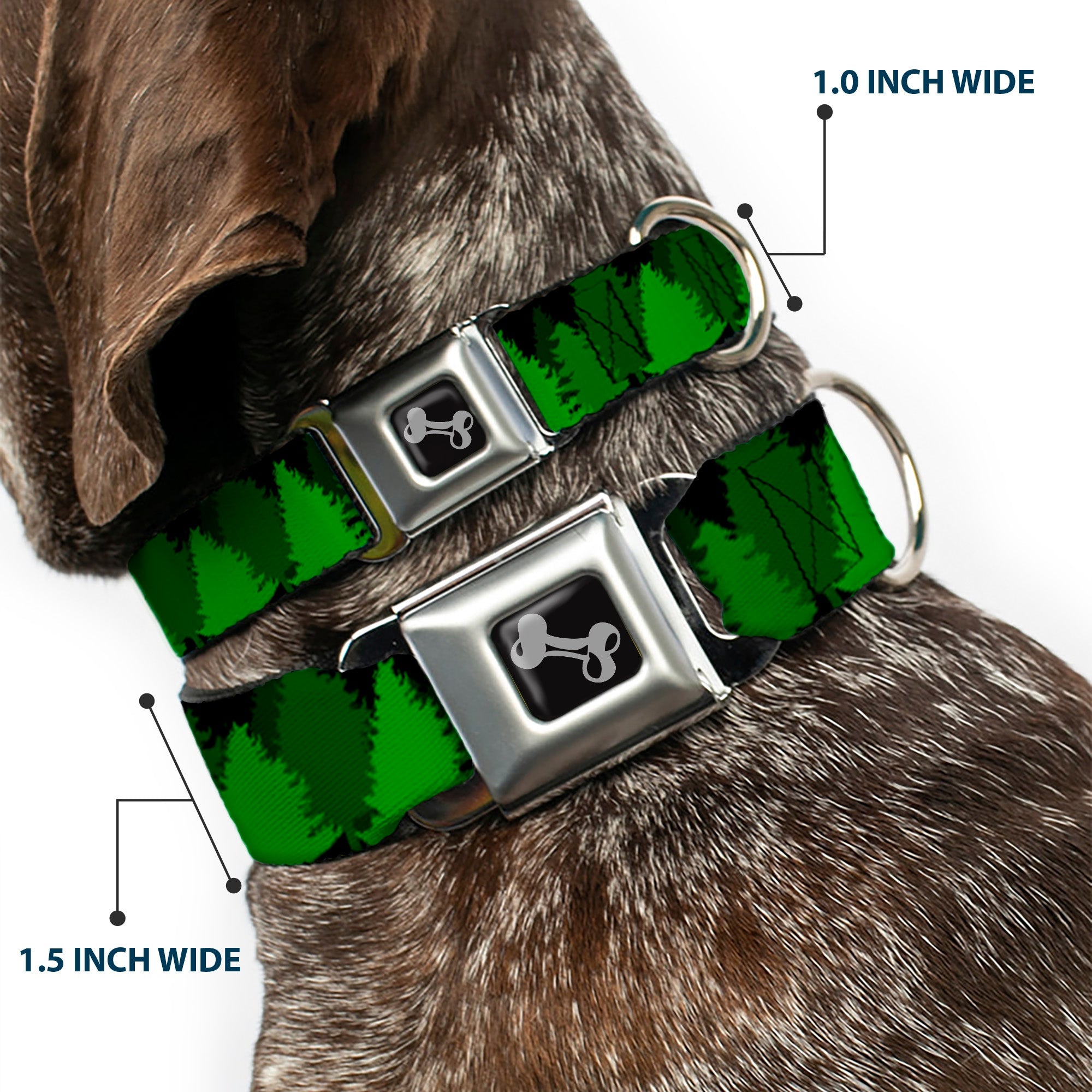 Dog Bone Seatbelt Buckle Collar - Pine Tree Silhouettes Black/Greens