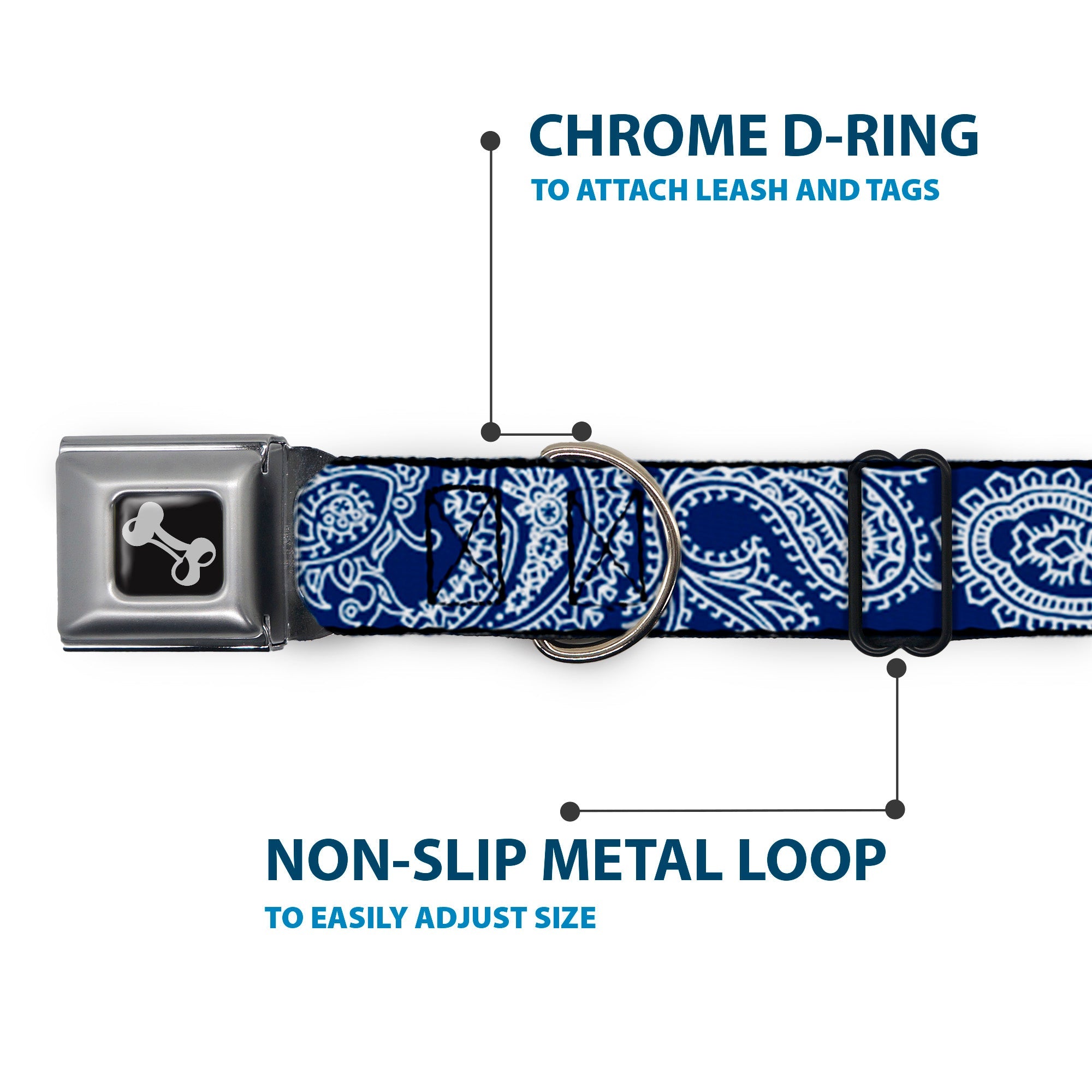 Dog Bone Seatbelt Buckle Collar - Paisley Blue/White