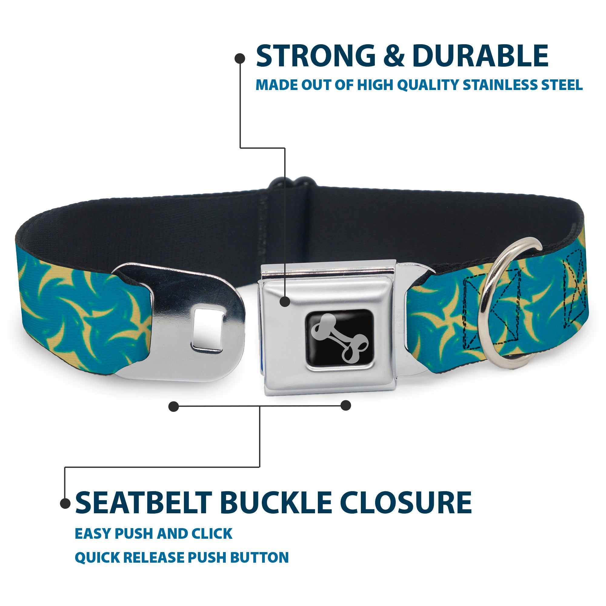 Dog Bone Seatbelt Buckle Collar - Pinwheel Plumes Beige/Turquoise