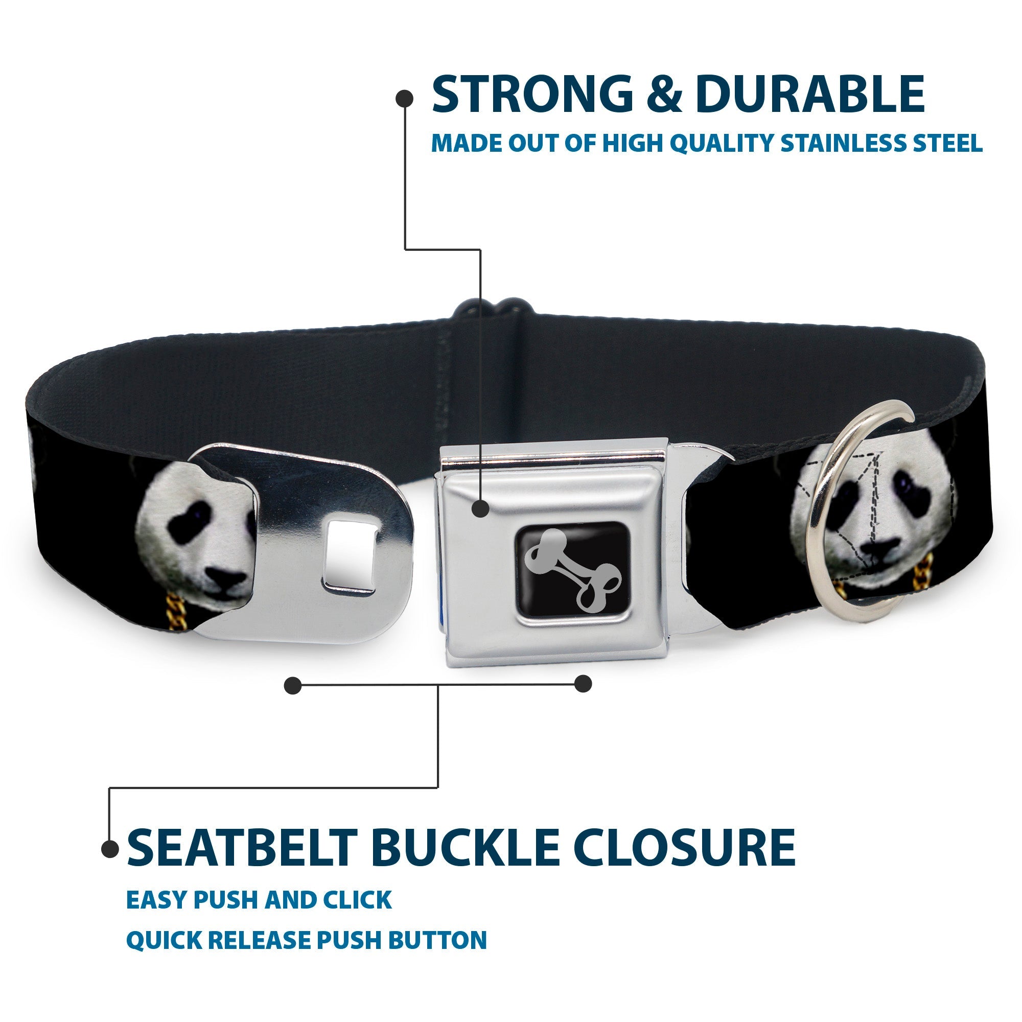 Dog Bone Seatbelt Buckle Collar - Panda w/Gold Chain Black