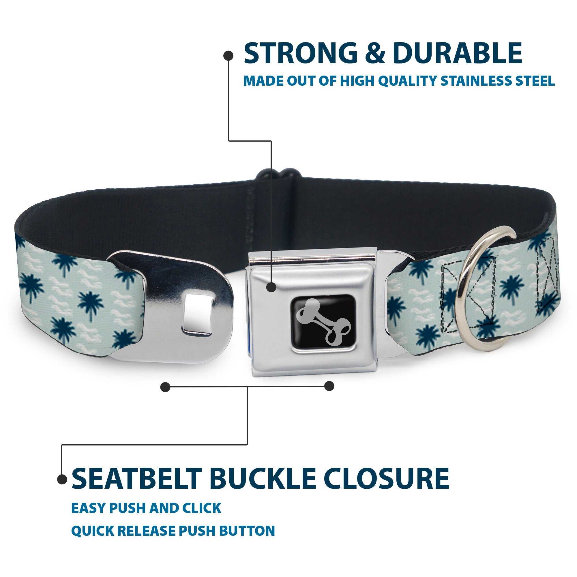 Dog Bone Seatbelt Buckle Collar - Palm Trees & Waves Monogram Blues/White