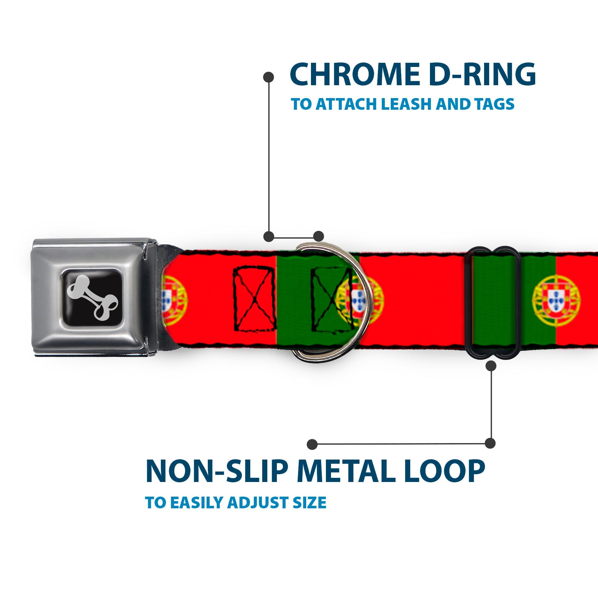 Dog Bone Black/Silver Seatbelt Buckle Collar - Portugal Flag Green/Red