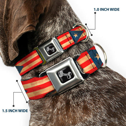 Dog Bone Black/Silver Seatbelt Buckle Collar - Puerto Rico Flag Continuous Vintage