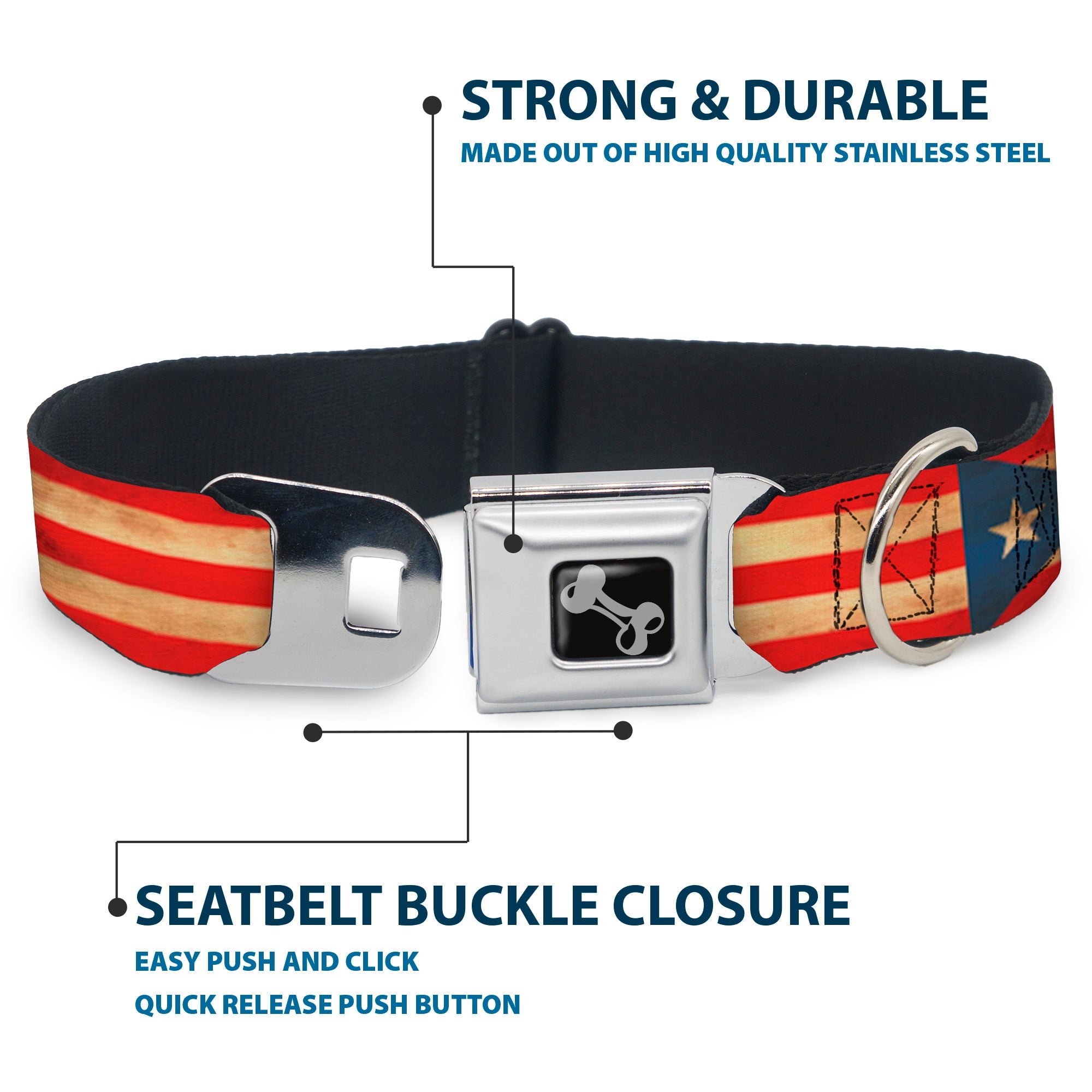 Dog Bone Black/Silver Seatbelt Buckle Collar - Puerto Rico Flag Continuous Vintage
