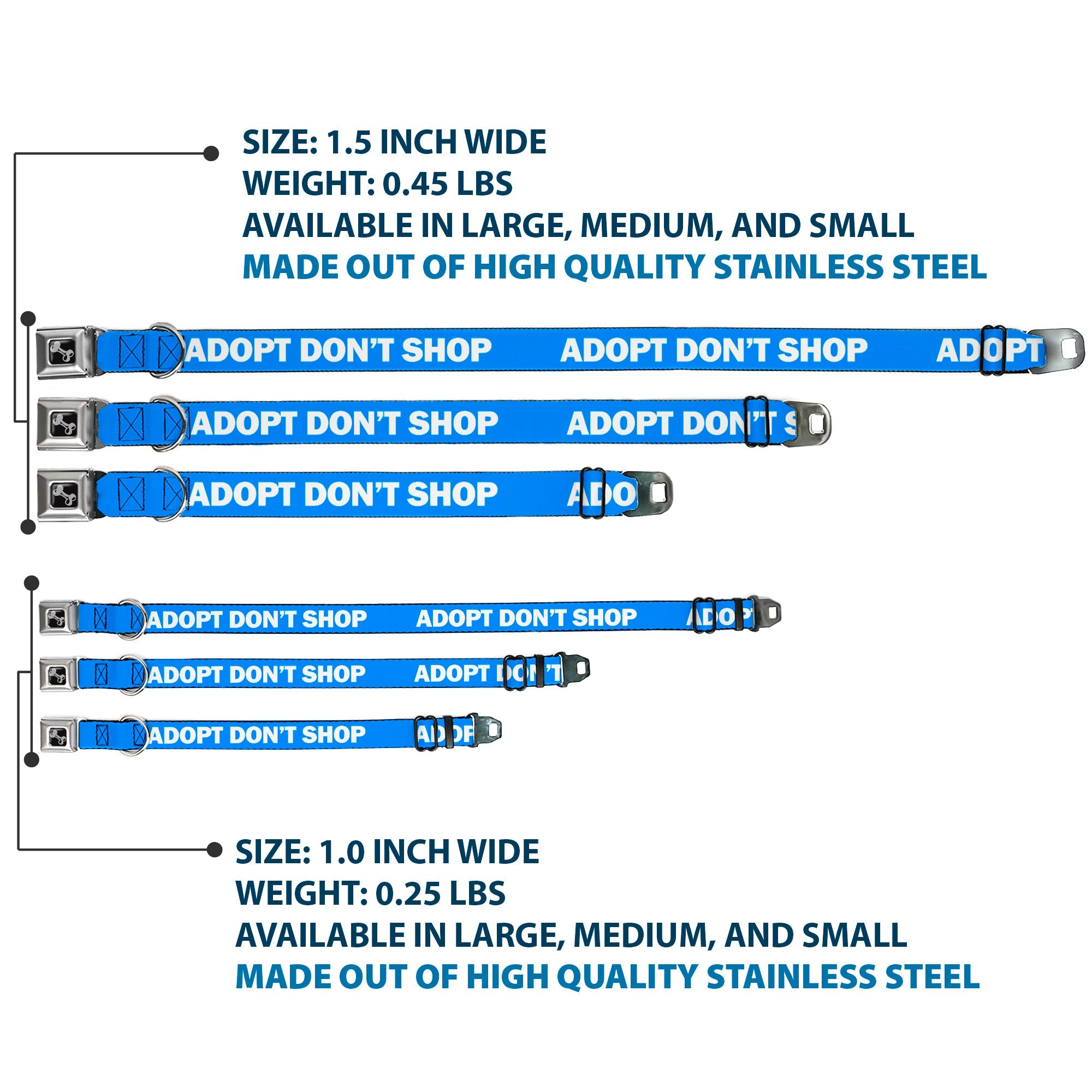 Dog Bone Black/Silver Seatbelt Buckle Collar - Pet Quote ADOPT DON'T SHOP Blue/White