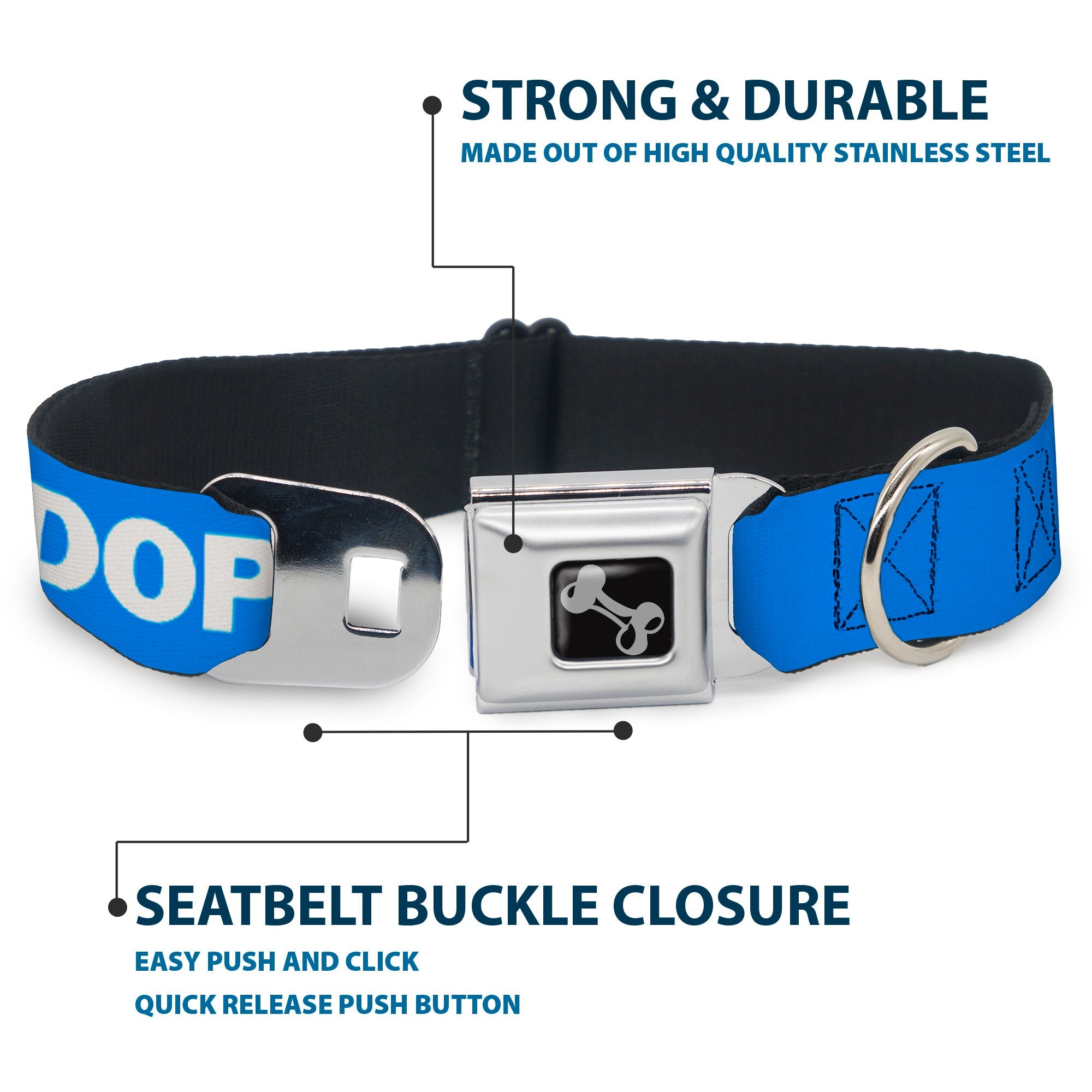 Dog Bone Black/Silver Seatbelt Buckle Collar - Pet Quote ADOPT DON'T SHOP Blue/White