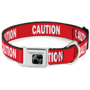 Dog Bone Black/Silver Seatbelt Buckle Collar - Pet Quote CAUTION Red/White