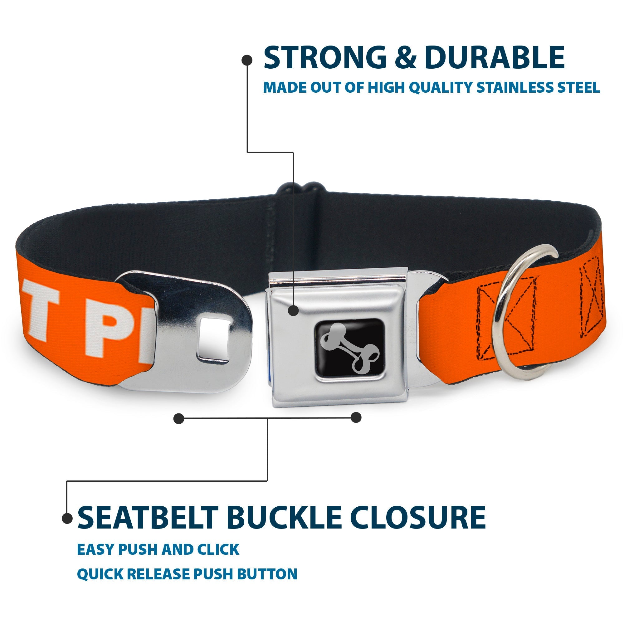 Dog Bone Black/Silver Seatbelt Buckle Collar - Pet Quote DO NOT PET Orange/White
