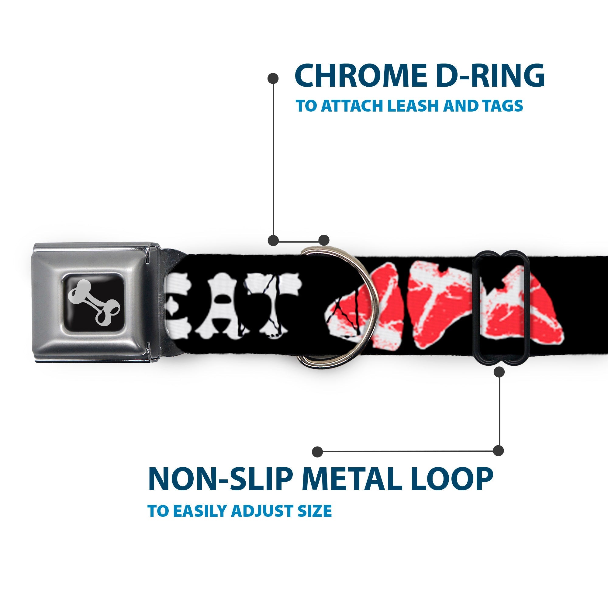 Dog Bone Seatbelt Buckle Collar - Steaks w/MEAT Text