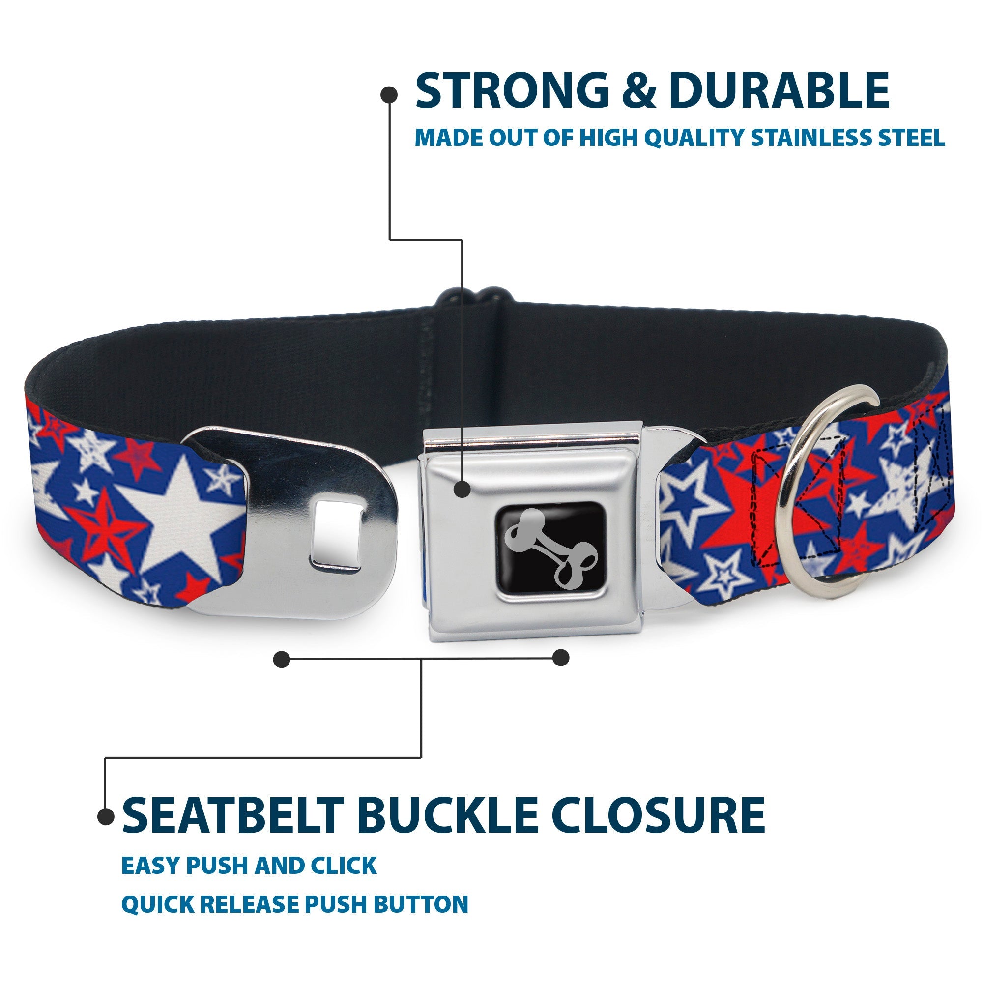 Dog Bone Seatbelt Buckle Collar - Stargazer Blue/White/Red