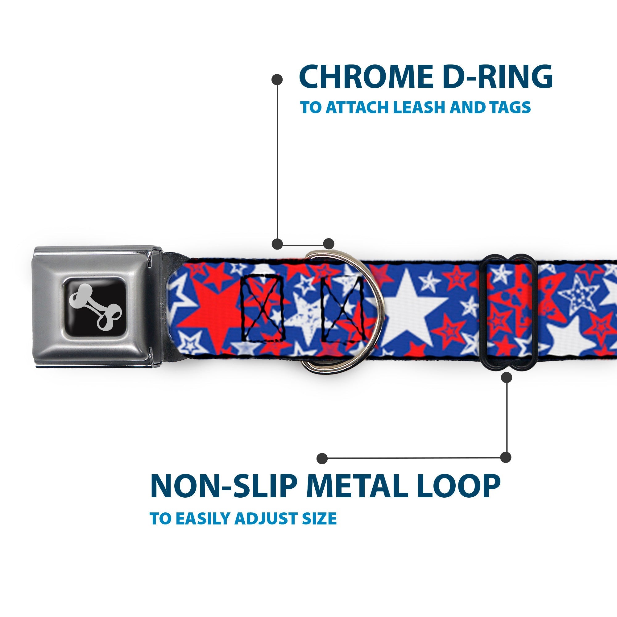 Dog Bone Seatbelt Buckle Collar - Stargazer Blue/White/Red