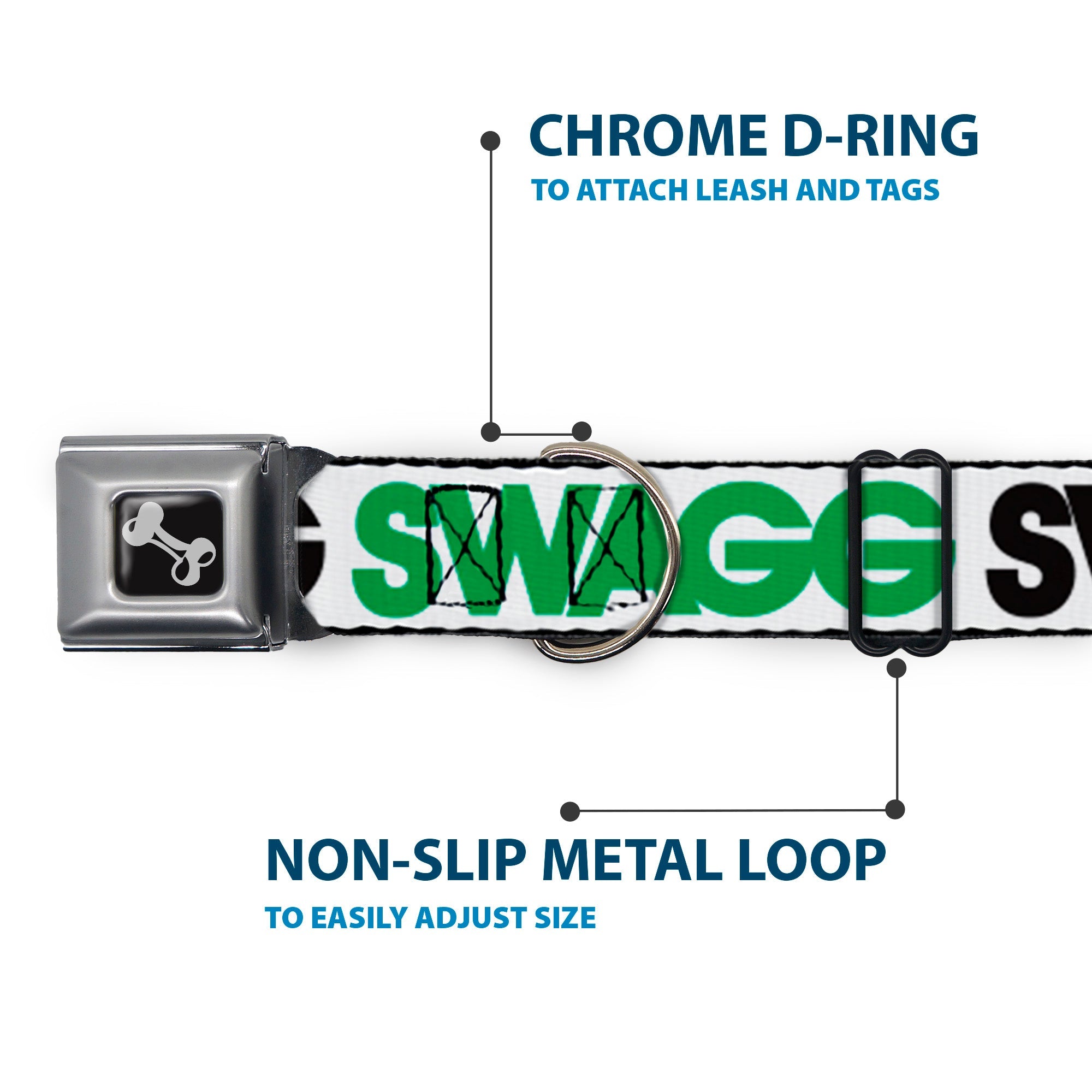 Dog Bone Seatbelt Buckle Collar - SWAGG White/Black/Green
