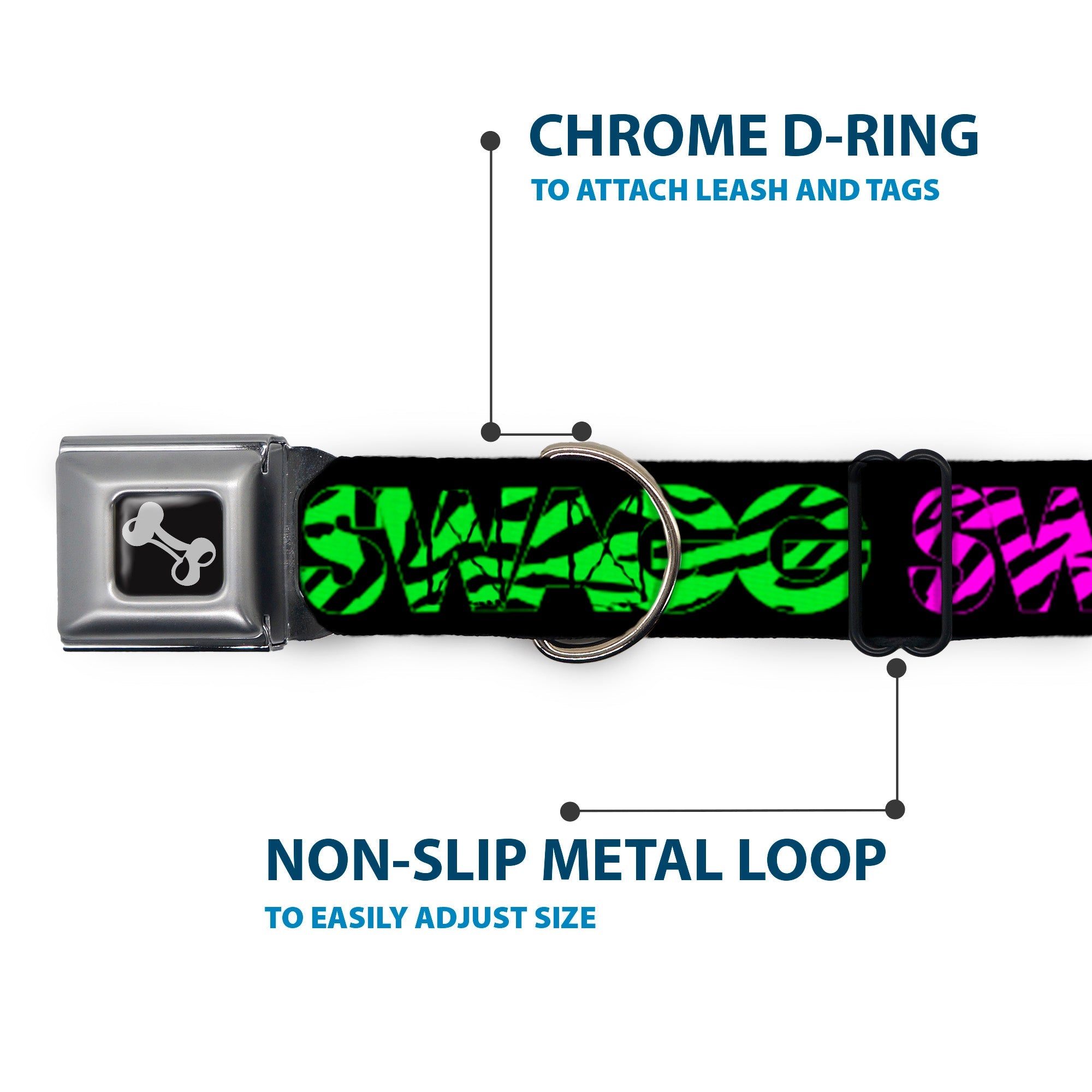 Dog Bone Seatbelt Buckle Collar - SWAGG Black/Zebra Multi Neon