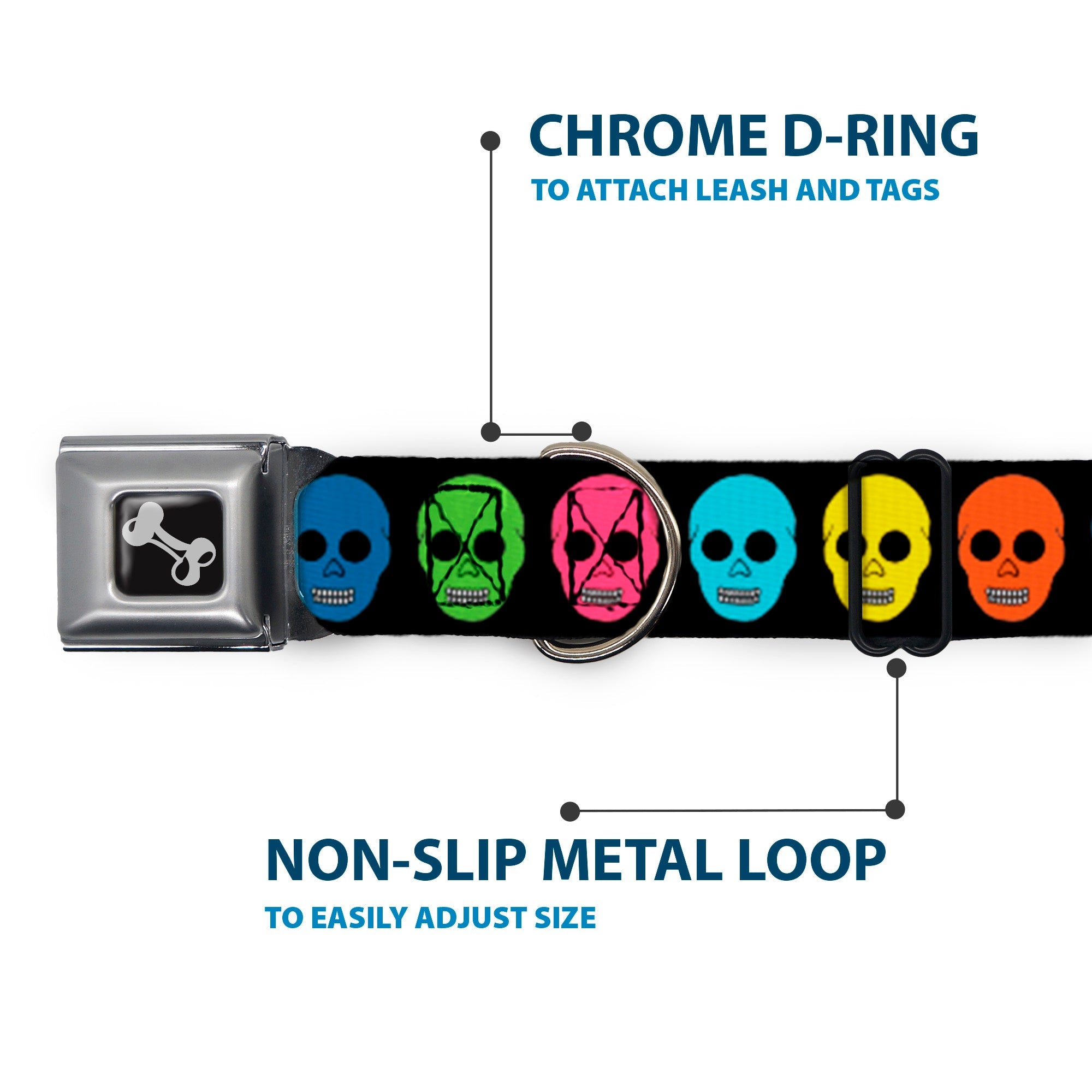 Dog Bone Seatbelt Buckle Collar - Skulls Black/Multi Color