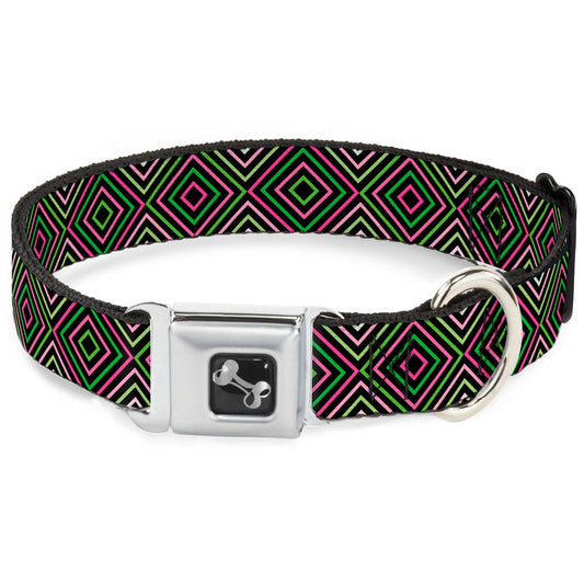 Dog Bone Seatbelt Buckle Collar - Square Lines Black/Greens/Pinks