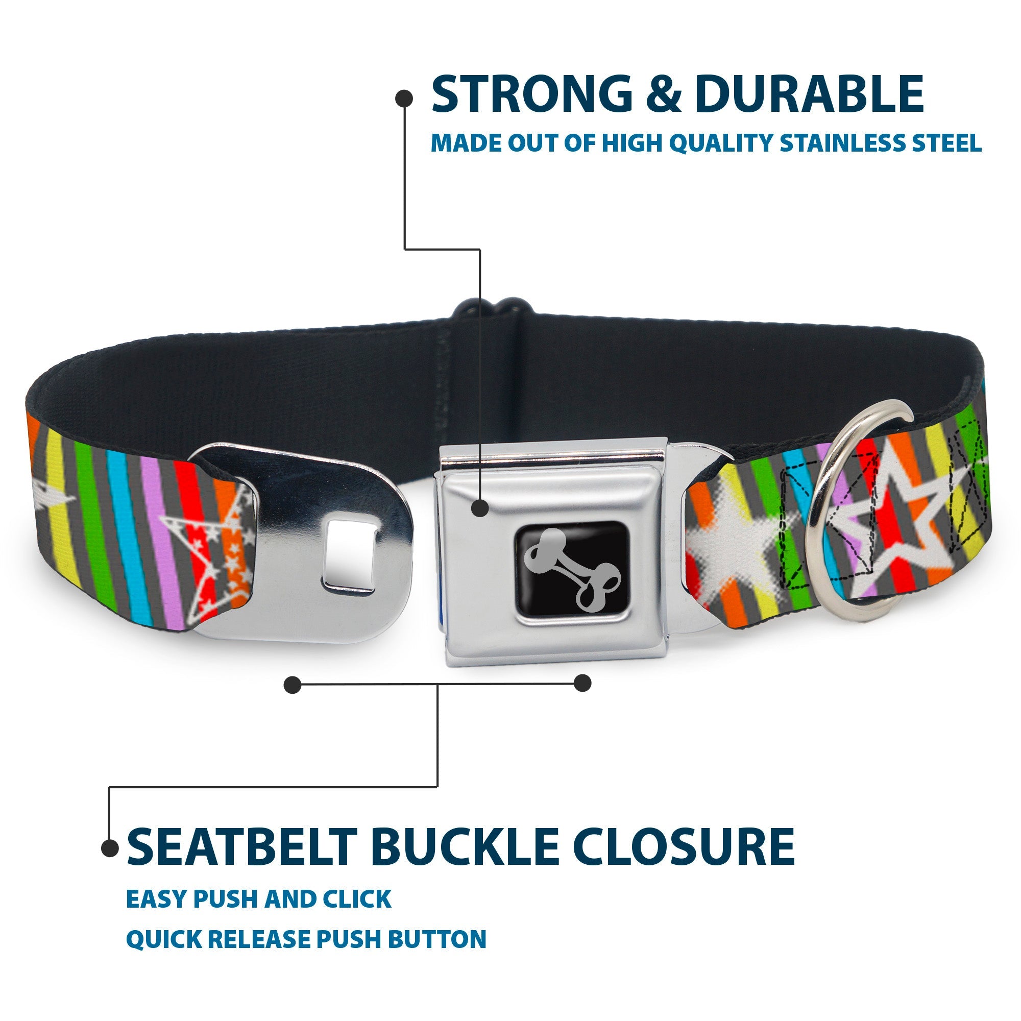 Dog Bone Seatbelt Buckle Collar - Stars w/Lines Gray/Multi Color/White