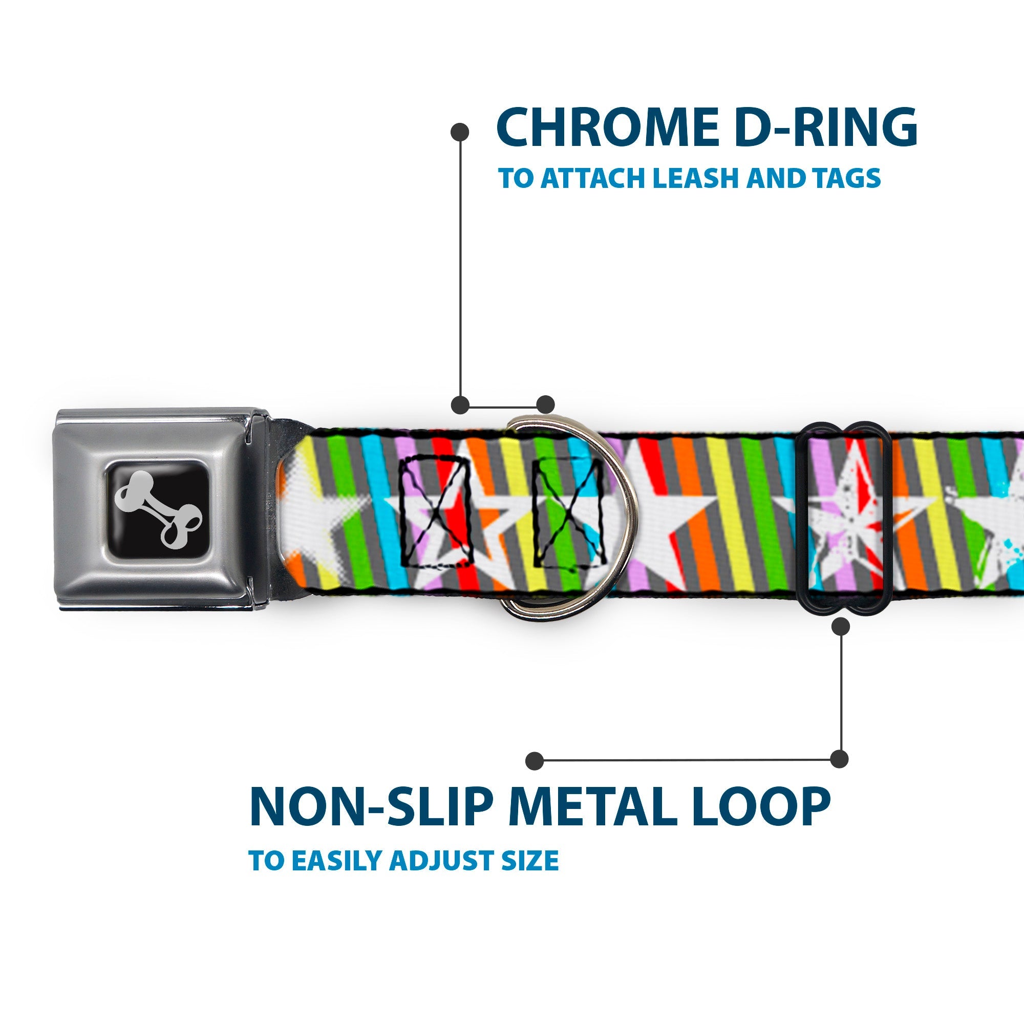 Dog Bone Seatbelt Buckle Collar - Stars w/Lines Gray/Multi Color/White