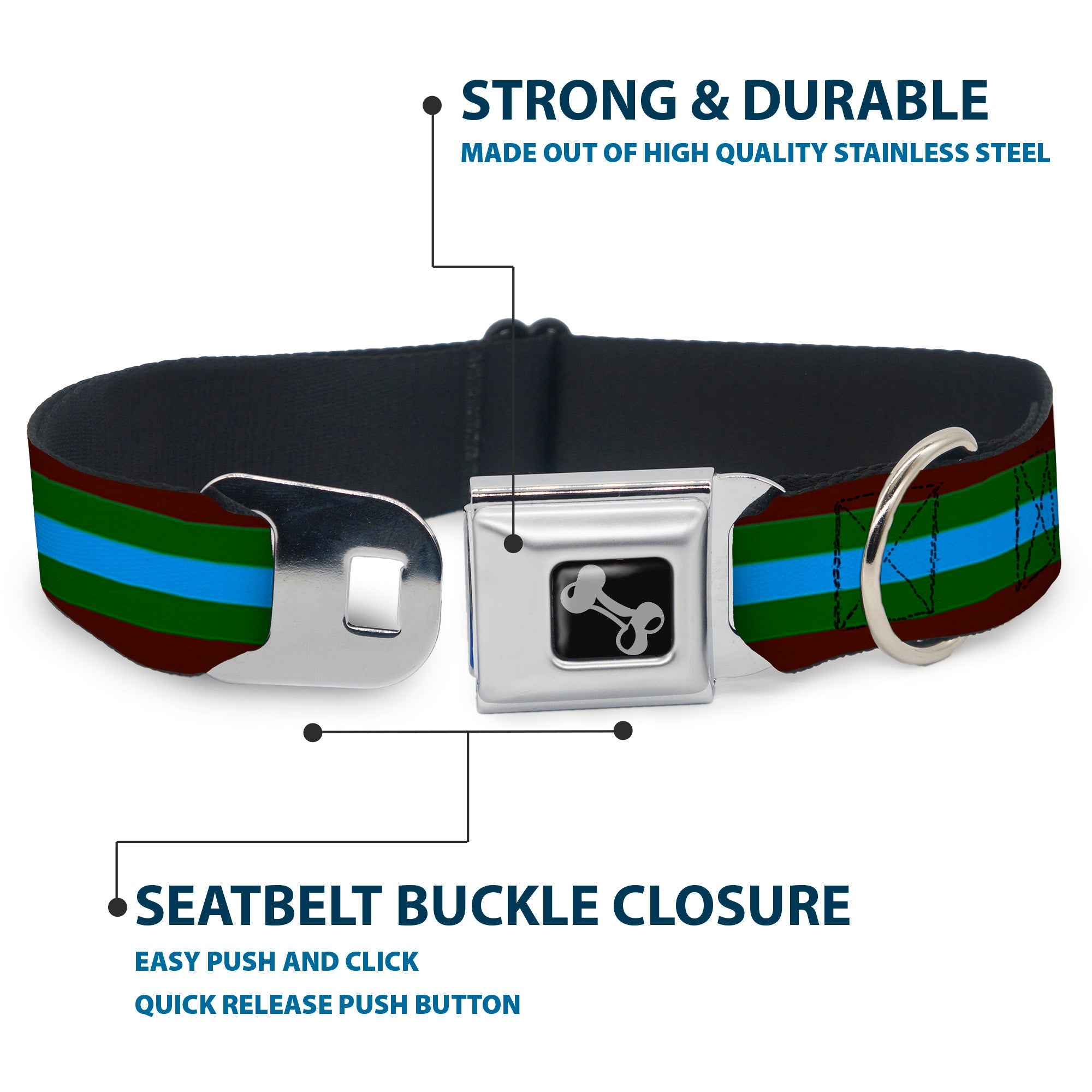 Dog Bone Seatbelt Buckle Collar - Stripes Brown/Green/Baby Blue