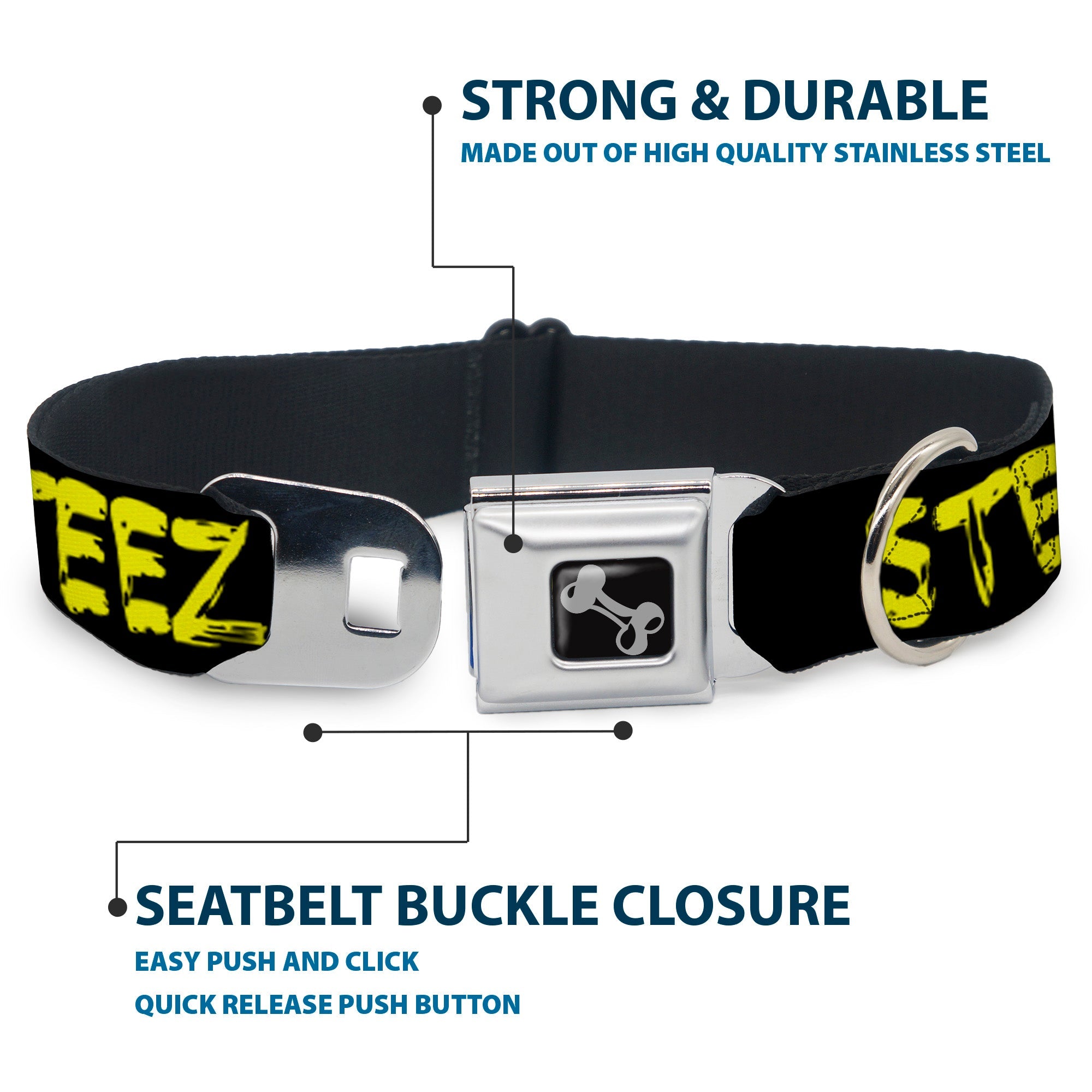 Dog Bone Seatbelt Buckle Collar - STEEZ Brushed Black/Yellow