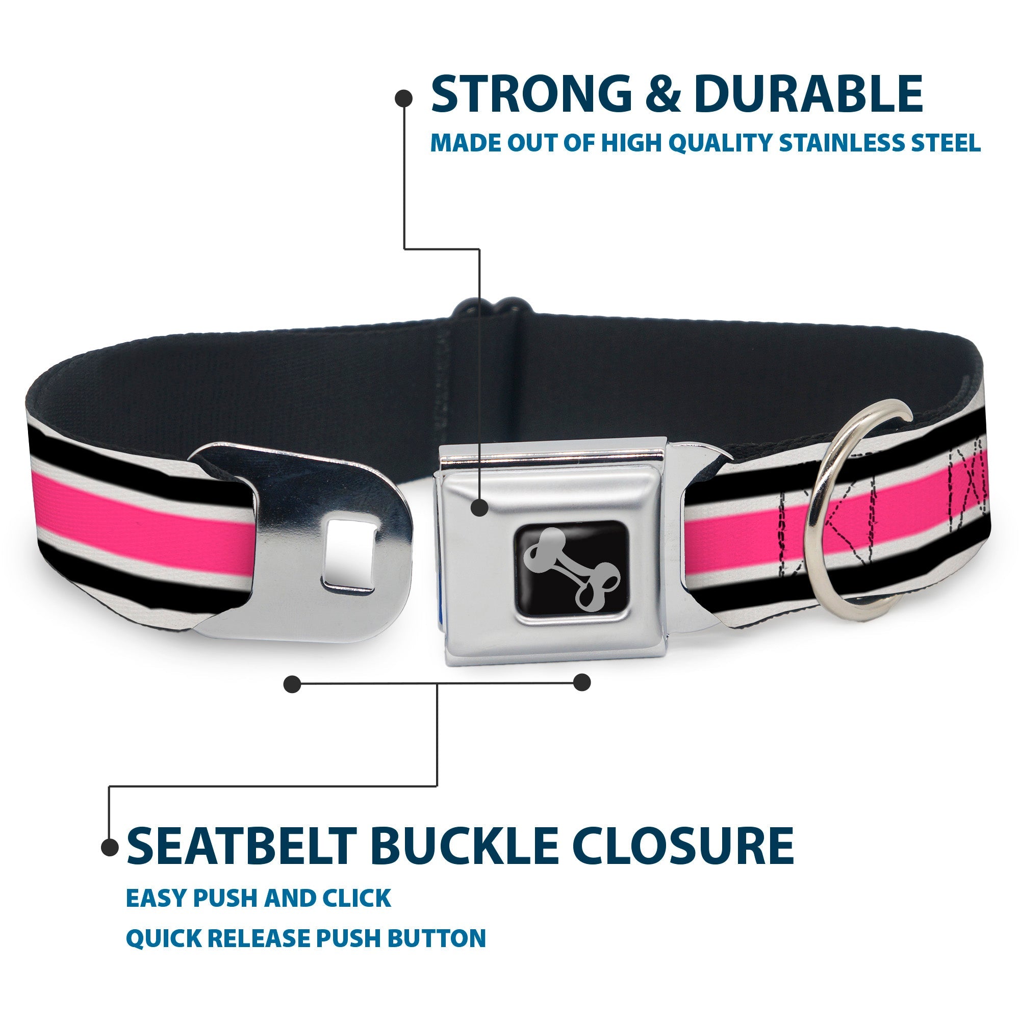 Dog Bone Seatbelt Buckle Collar - Stripes White/Black/White/Pink