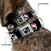 Dog Bone Seatbelt Buckle Collar - Sugar Skulls Scattered Black/White/Fuchsia