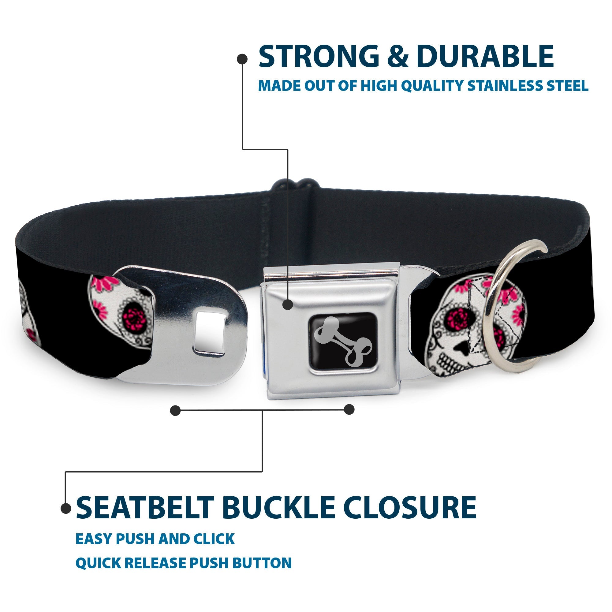 Dog Bone Seatbelt Buckle Collar - Sugar Skulls Scattered Black/White/Fuchsia
