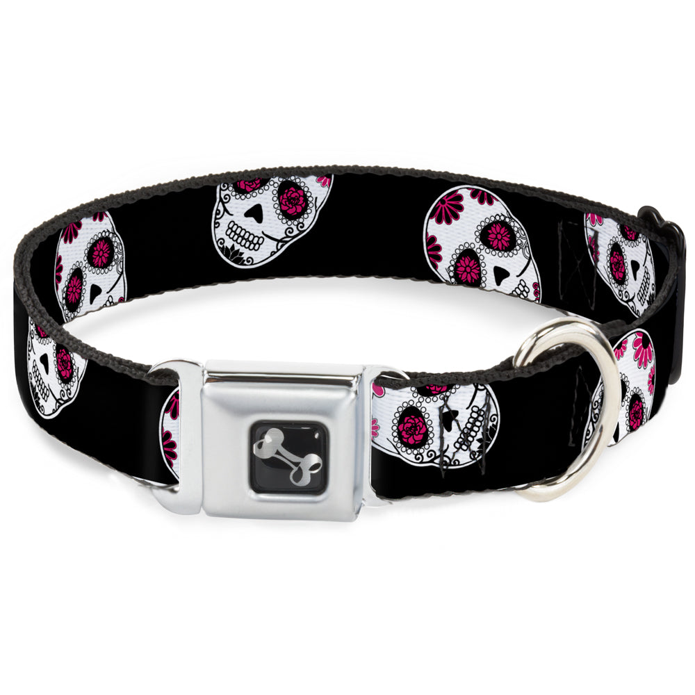 Dog Bone Seatbelt Buckle Collar - Sugar Skulls Scattered Black/White/Fuchsia