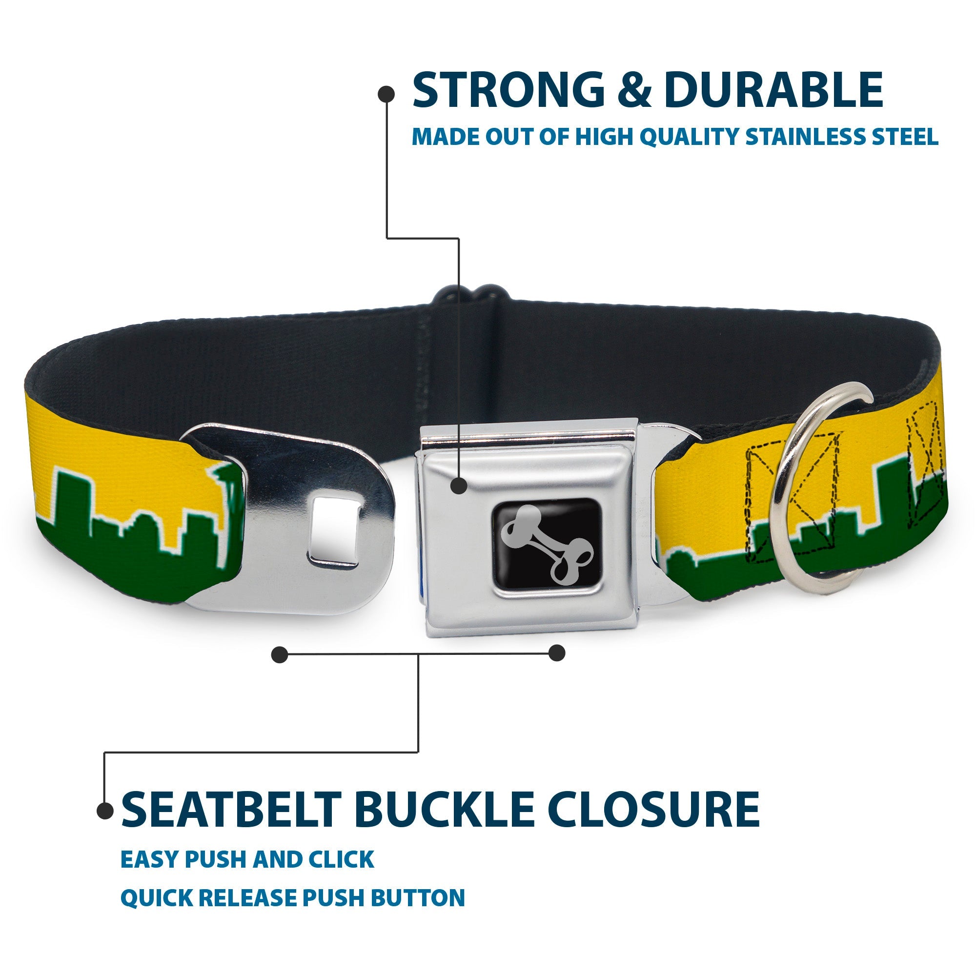 Dog Bone Seatbelt Buckle Collar - Seattle Skyline Yellow/Emerald Green